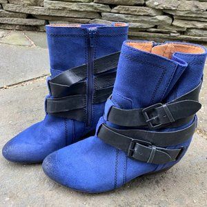 Unique Electric Blue Buckle Moto Leather Boots